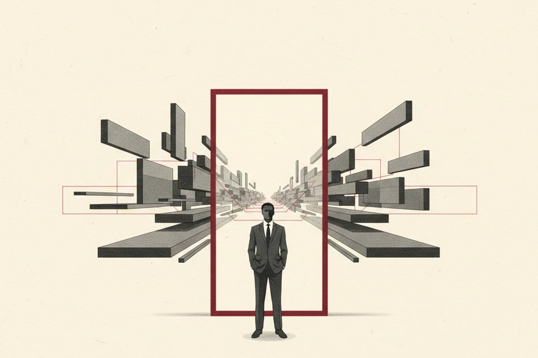 A calm human figure standing before a single minimal luminous portal; beyond it, an abstract architectural landscape of software systems recedes, connected by fine graphite lines, on warm off-white paper with a restrained deep-red accent