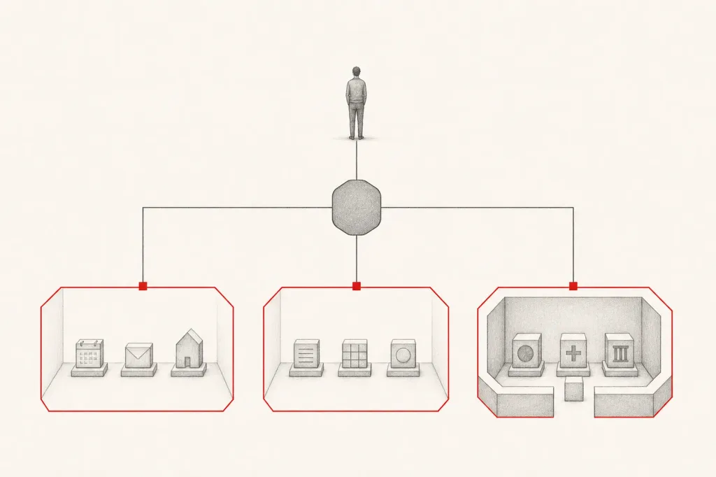 One human above a personal-agent hub, with three isolated trust domains below: personal services, employer systems, and sovereign sensitive services, linked only by narrow controlled connections.