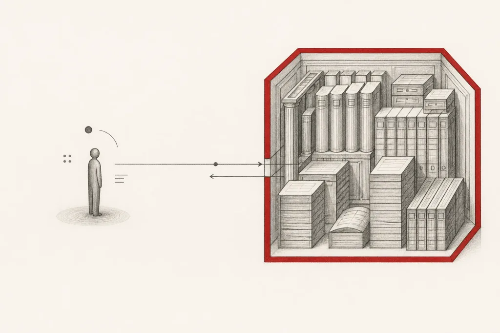 A personal agent on the left sending a narrow request into a bounded financial chamber on the right; a small recommendation returns; the dense records stay inside a red boundary.