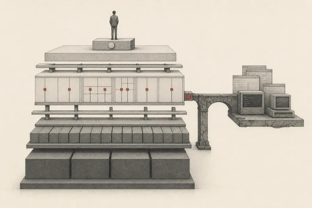 A layered architectural stack from authoritative software up to a personal agent, with a stone-arch side bridge to older screens and a terminal.