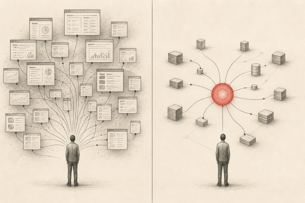 Split scene: on the left a person facing many application windows; on the right the same person facing one agent that routes to quiet infrastructure.