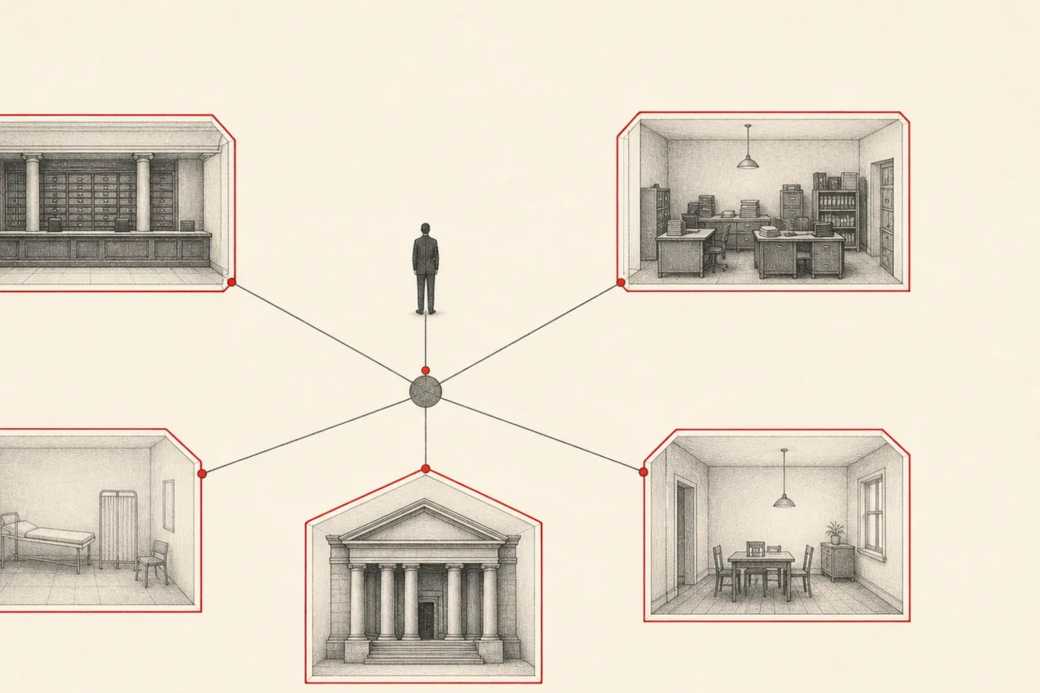 One calm human figure connected to a single personal-agent node, which delegates through narrow bridges into five bounded institutional rooms. Warm paper, graphite, signal-red boundaries. No text.