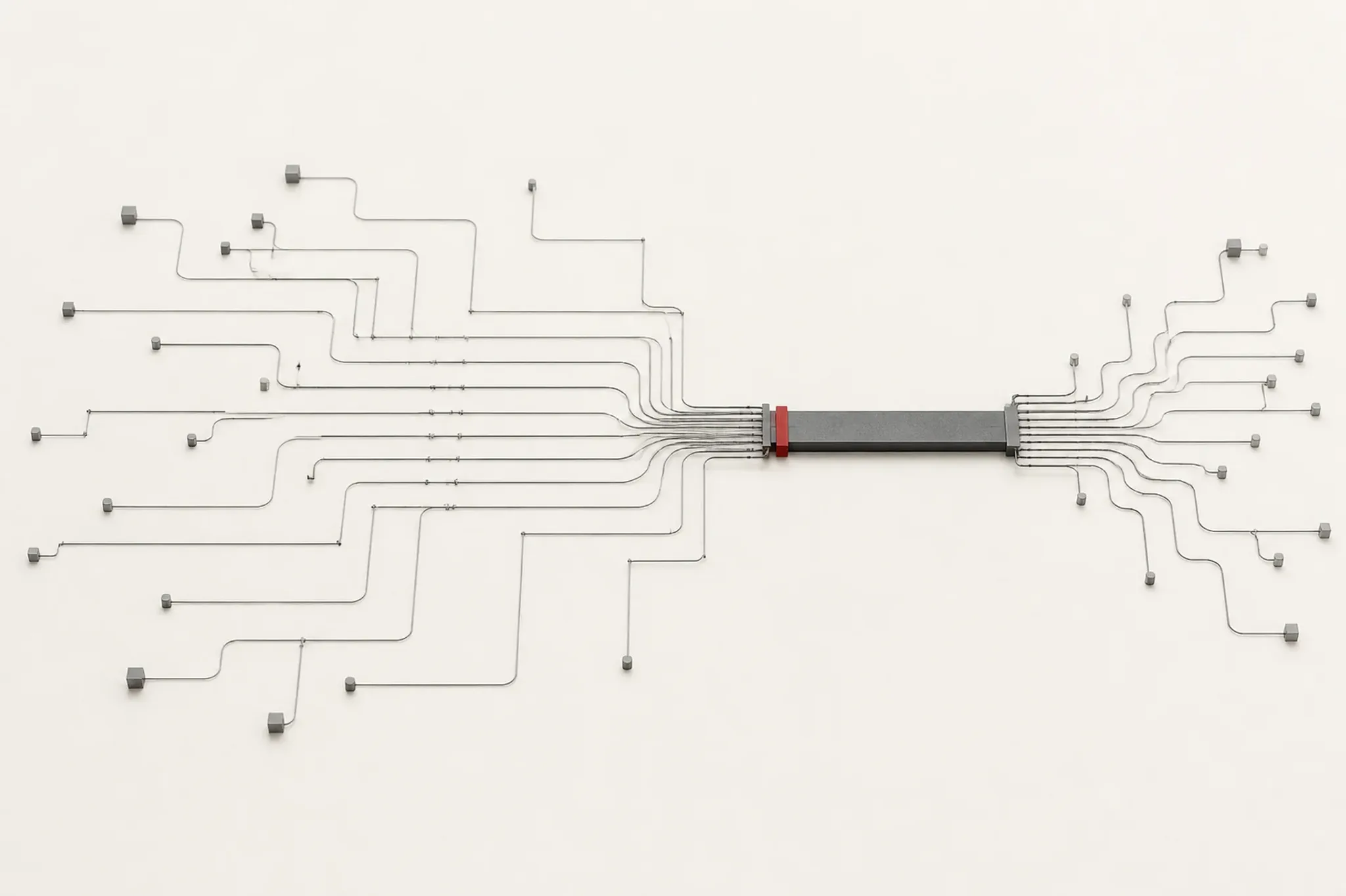 Many thin graphite paths converge through one infrastructural bar, a single signal-red join, then separate again. Paper field. No people, no lettering.