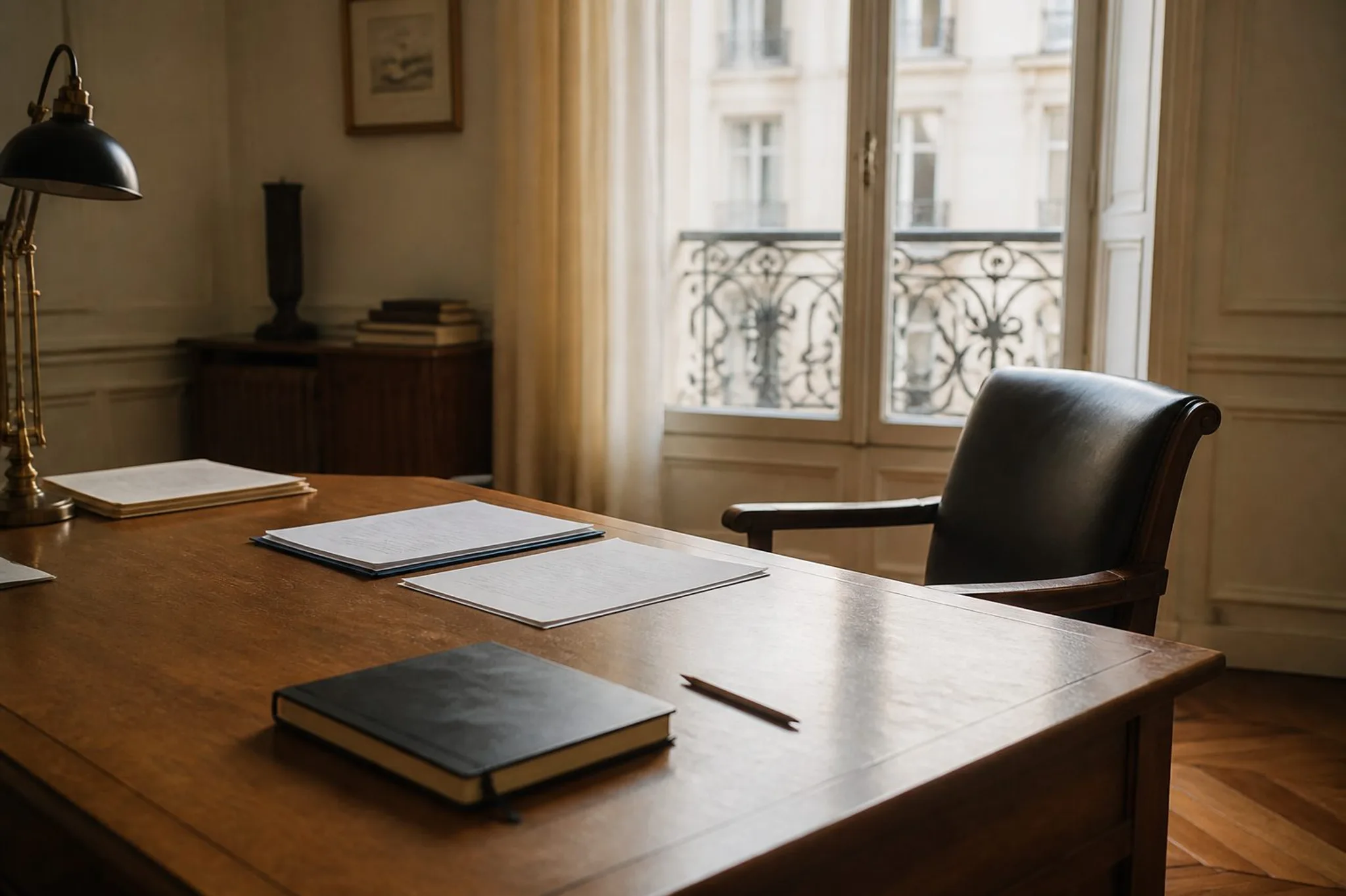 An empty desk in late daylight, chair pushed back, the work still laid out as if someone had just stood up