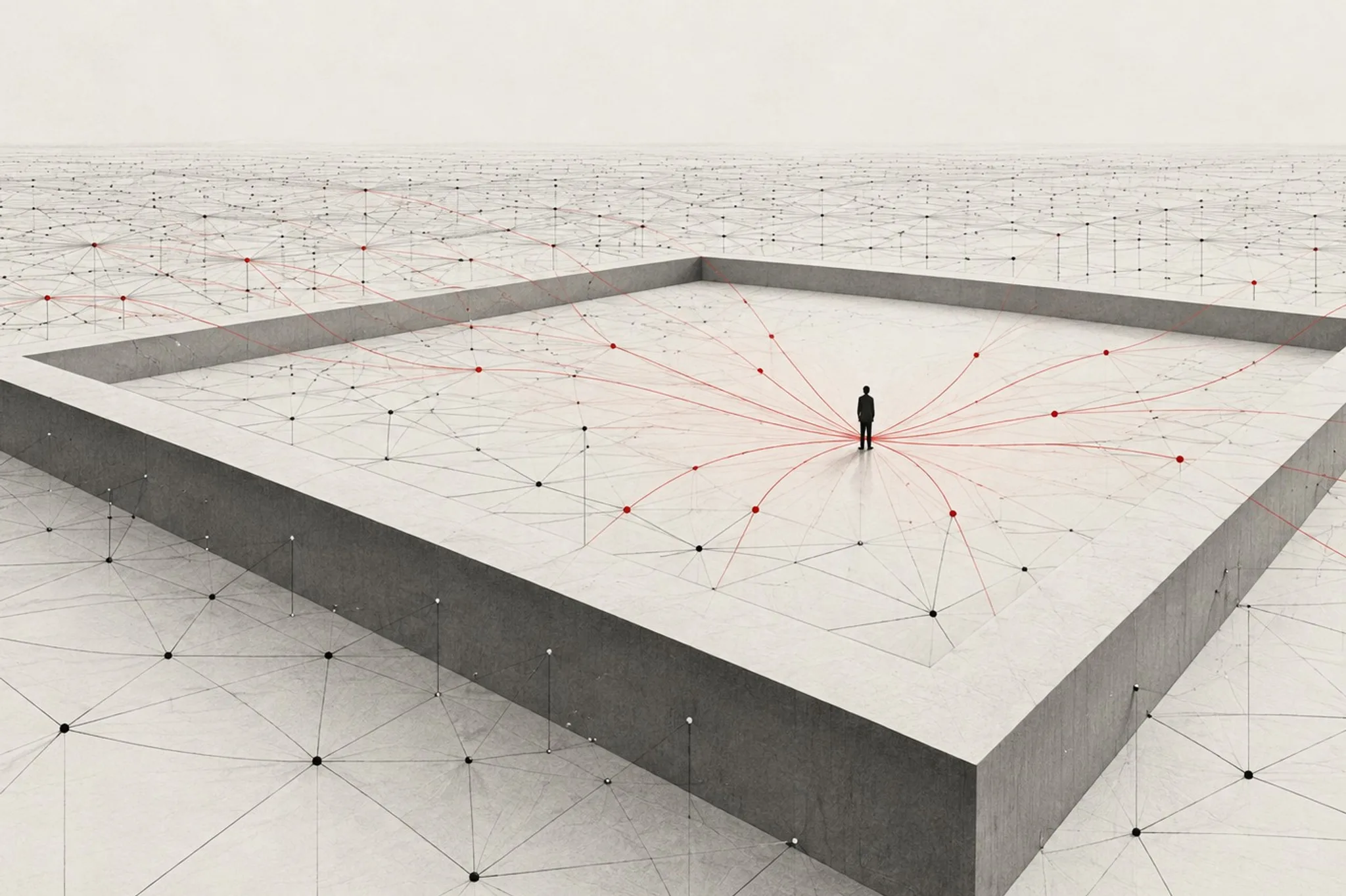 AI-generated drawing in grey and red: a lone figure stands inside a vast raised concrete square set on an endless grid of black nodes and thin lines; red threads from distant red nodes converge on the figure.