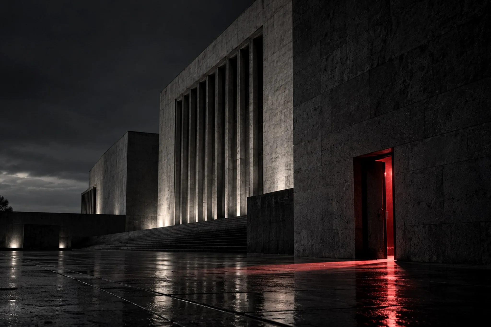 Conceptual illustration: a monumental stone building at night under a dark sky, wet paving in front, and a single open door at the lower right glowing red, its light spilling across the ground. Not a real building.