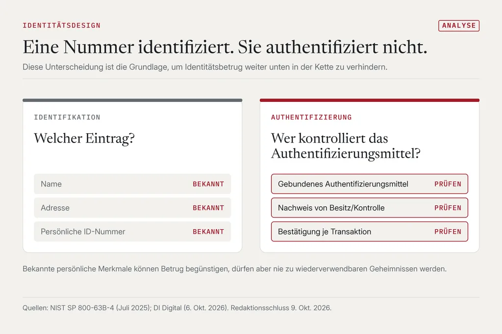 Zwei Spalten: links Identifikation mit Name, Adresse und persönlicher ID-Nummer, als bekannt markiert; rechts Authentifizierung mit gebundenem Authentifizierungsmittel, Besitznachweis und Bestätigung je Transaktion, als zu prüfen markiert.