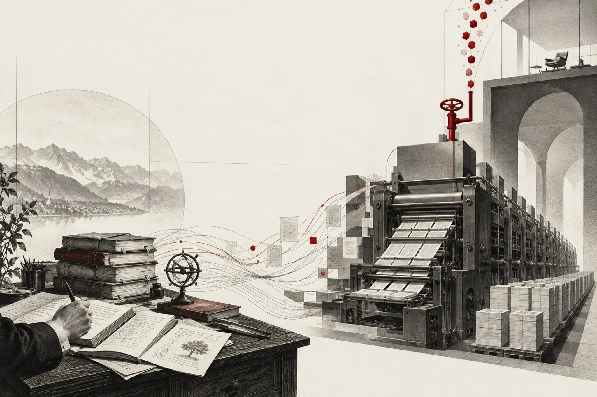 AI-generated graphite illustration: at a desk, a hand writes in open notebooks beside stacked books, an armillary sphere and a lake. Pages drift on red and grey lines into a long printing press with one red valve wheel; red hexagons rise to an empty armchair. All writing, in the notebooks, on the drifting pages and on the press sheets, is illegible pseudo-handwriting.