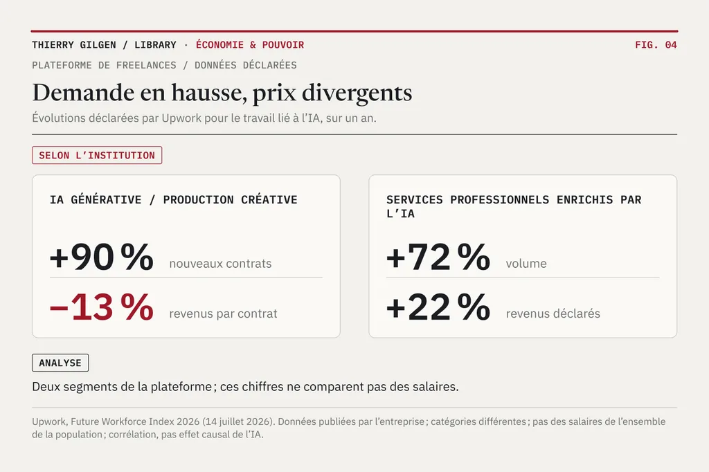 Deux catégories côte à côte. IA générative et production créative : nouveaux contrats en hausse de 90 %, revenus par contrat en baisse de 13 %. Services professionnels enrichis par l’IA : volume en hausse de 72 %, revenus en hausse de 22 %.