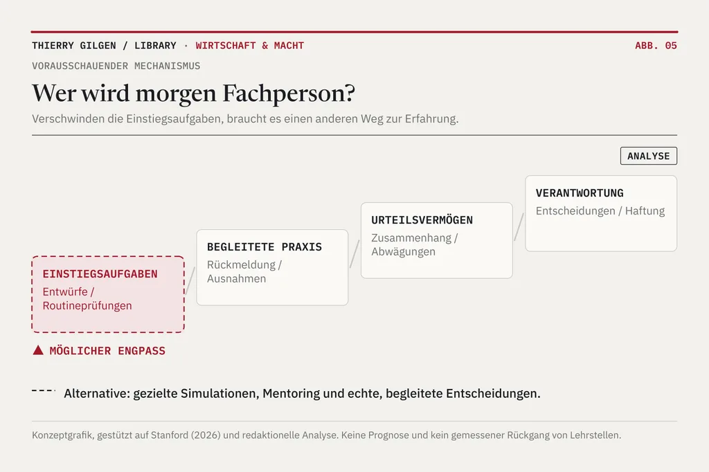Eine stilisierte Karriereleiter mit verblasster erster Sprosse für Einstiegsaufgaben, darüber begleitete Praxis, Urteilsvermögen und Verantwortung, daneben ein alternativer, strukturierter Lernweg.