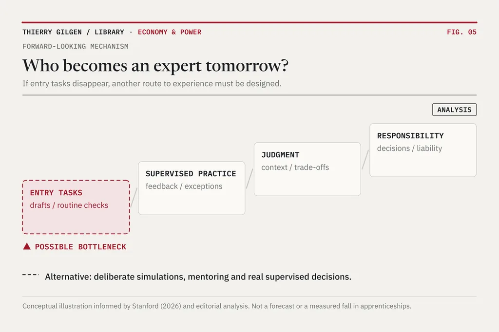 A stylised career ladder with a faded first rung for initial tasks, followed by supervised practice, judgment and responsibility, beside an alternative structured learning route.
