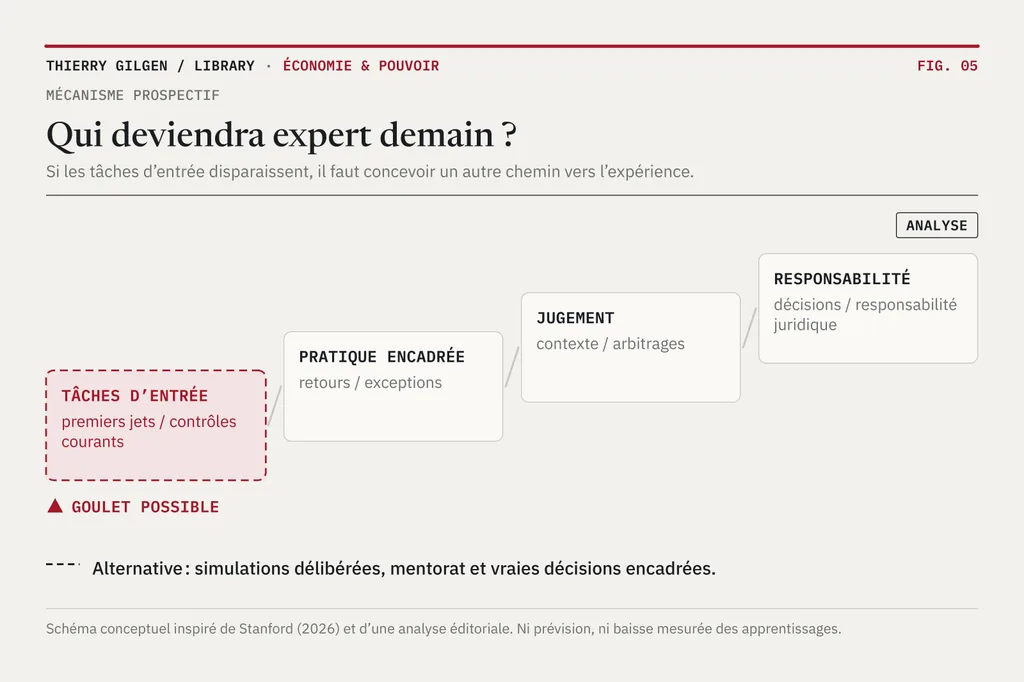 Une échelle de carrière stylisée dont le premier échelon, celui des tâches d’entrée, est estompé, suivi de la pratique encadrée, du jugement et de la responsabilité, à côté d’un parcours d’apprentissage structuré alternatif.