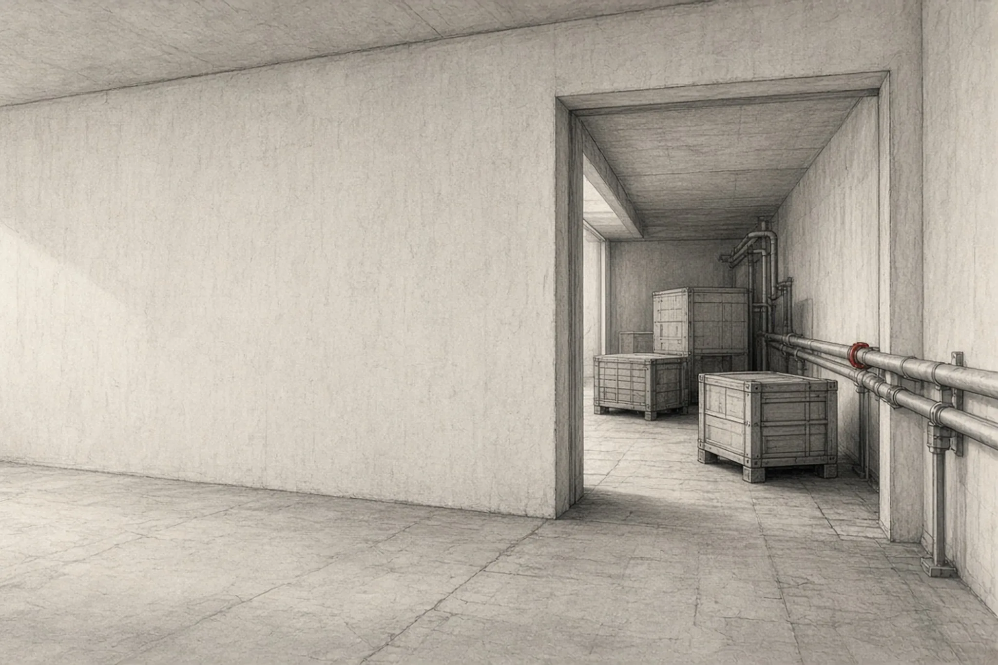 A quiet concrete hall opens through a doorway onto a narrower corridor of wooden crates and industrial pipes; one signal-red valve sits on a pipe.