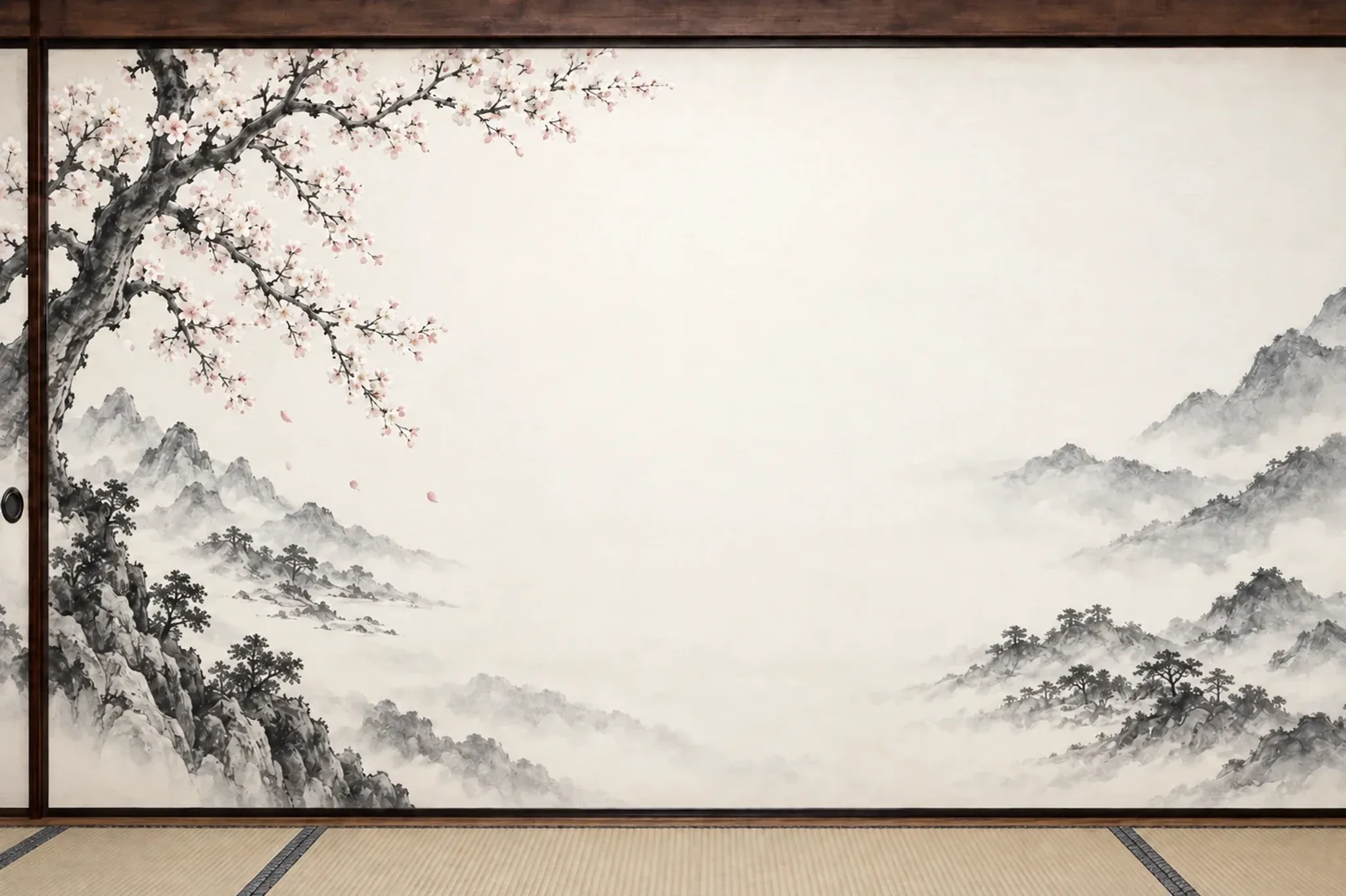 A tatami room with a cherry-blossom mural on the wall — a shared place to work