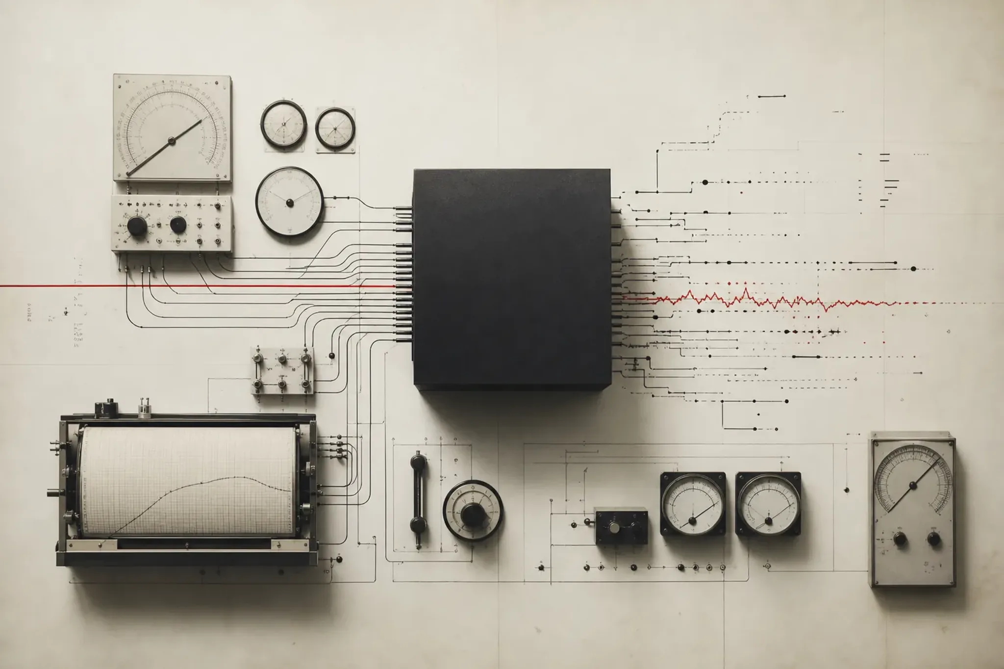 Gauges and a chart recorder feeding a featureless black cube; only branching fragments and a broken signal-red trace leave it. Warm paper, graphite. No text.