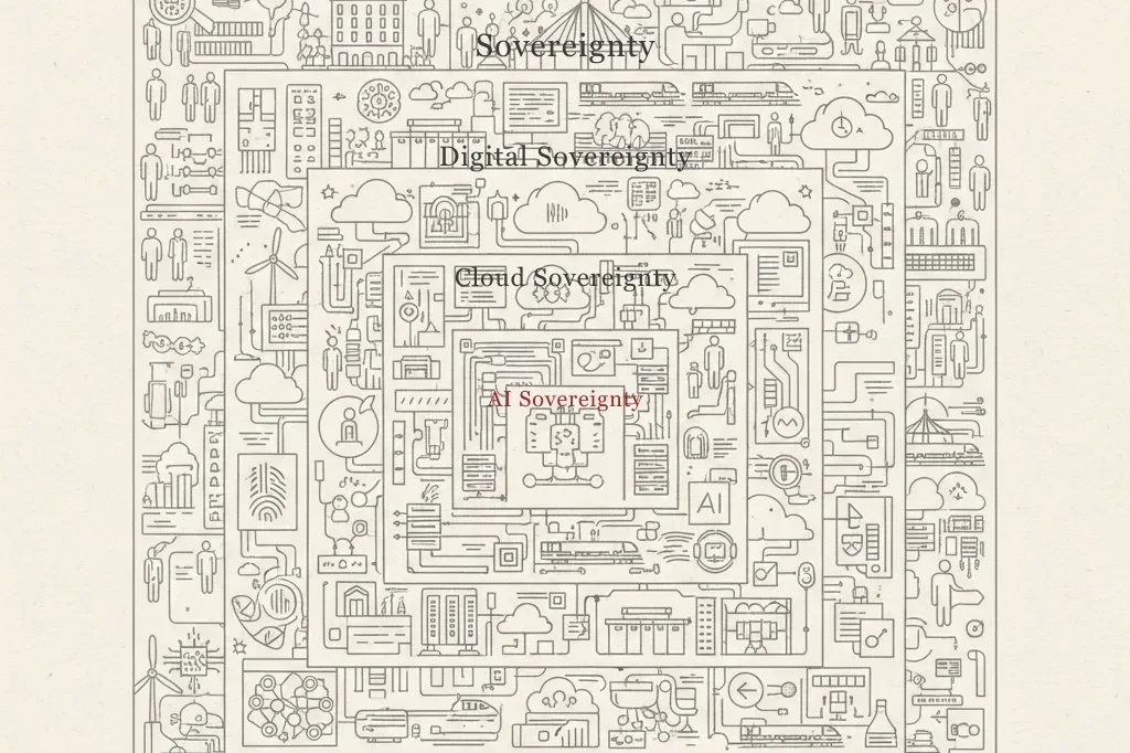 Vier ineinanderliegende Rahmen, von aussen nach innen kleiner: Souveränität, digitale Souveränität, Cloud-Souveränität, KI-Souveränität. Mit jedem Rahmen bleibt mehr vom System ausserhalb des Bildes.