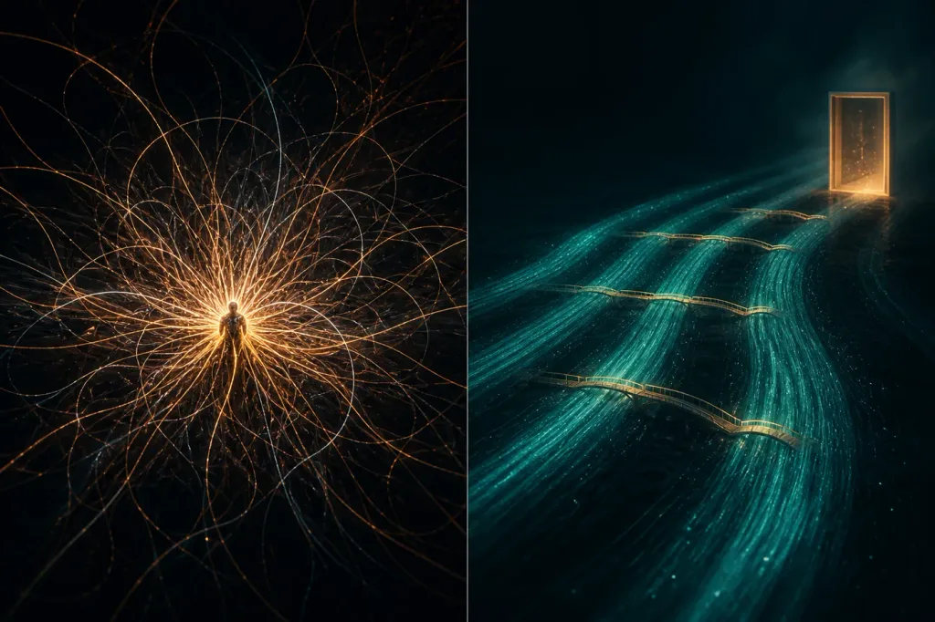 Left: a single glowing figure with lines radiating outward. Right: parallel teal paths crossing golden bridges toward a lit doorway.
