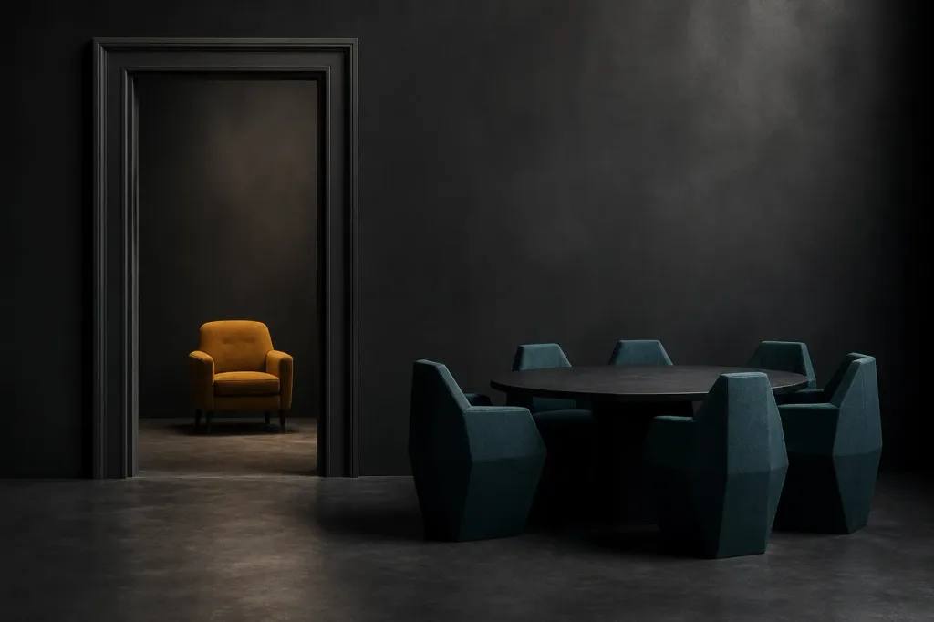 A dark room with a round table of teal chairs in the foreground; through a doorway, a single mustard-yellow armchair sits alone in the next room.