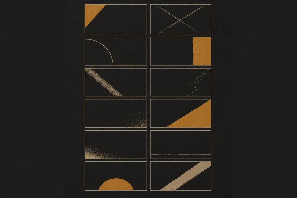 A dark grid of twelve abstract panels in mustard and off-white — triangles, arcs, crosses, torn blocks — with no readable text.