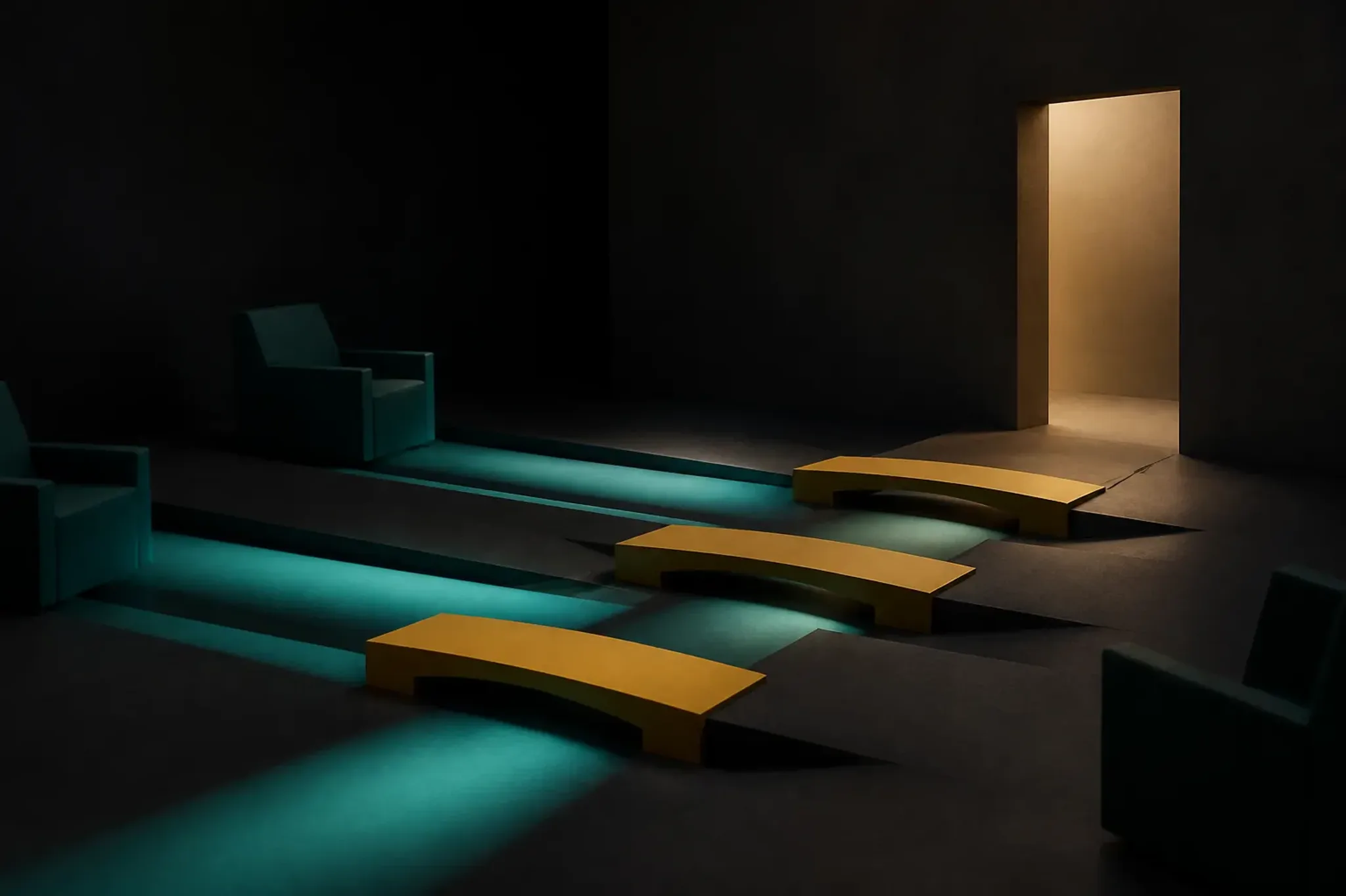Abstract studio: parallel teal paths crossing mustard bridges toward a lit doorway, empty chairs along the lanes — no readable text.