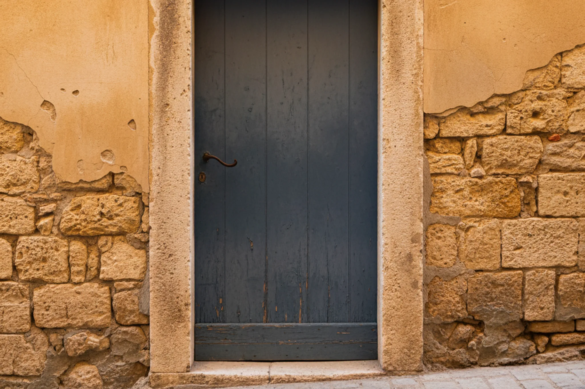 A weathered slate-blue wooden door in a stone wall