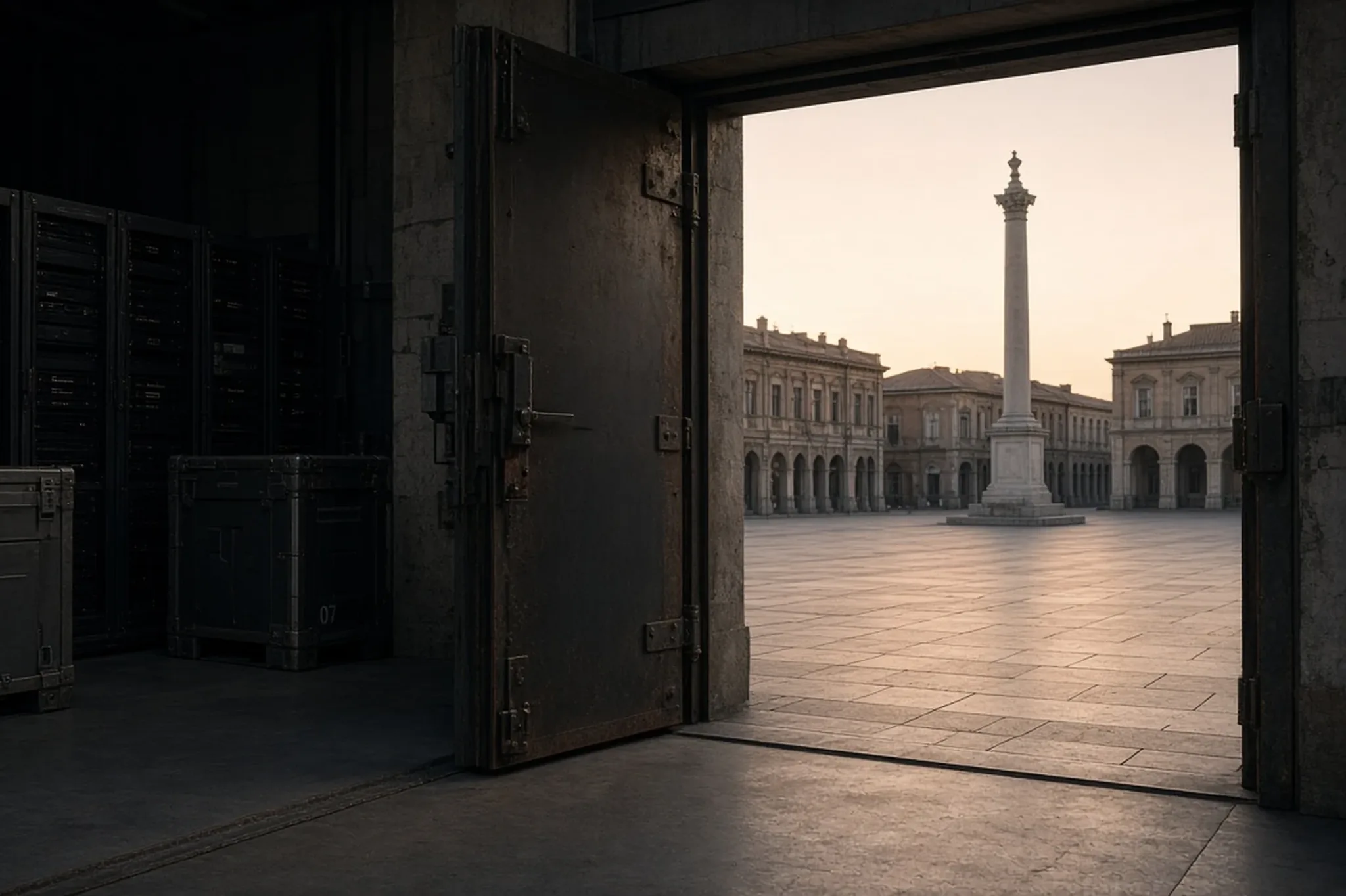 A private server hall opens through a heavy steel door onto an empty public square with a classical column at dusk.