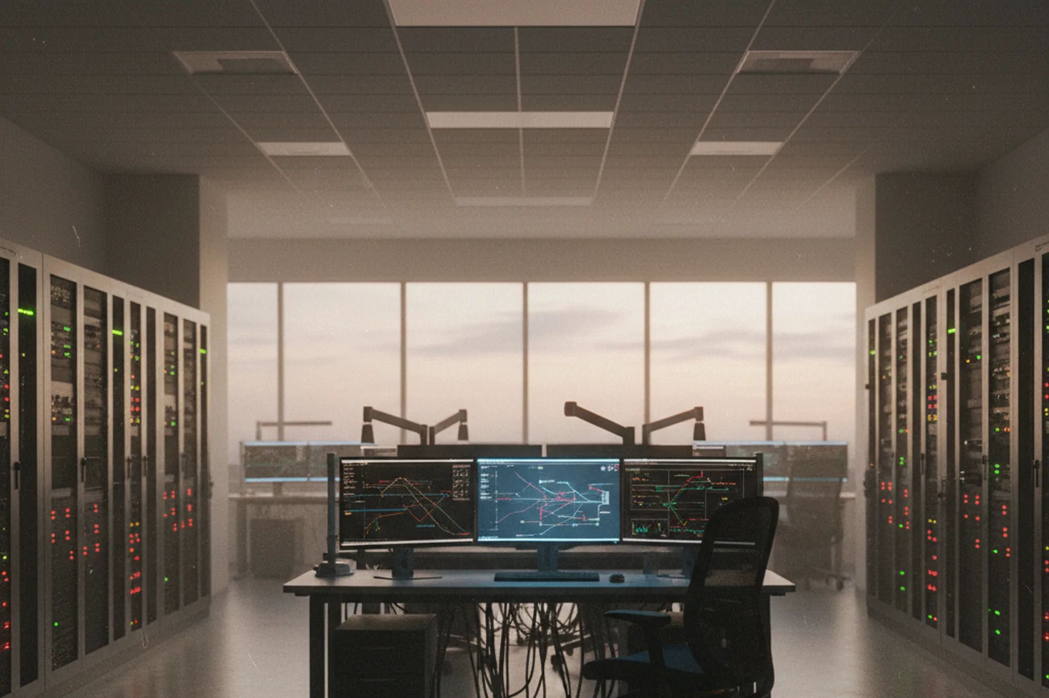 An empty operations room at dusk, a workstation still running, chair pushed back, no one at the harness