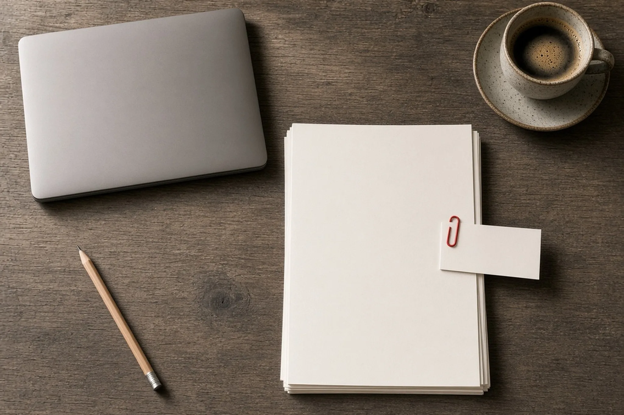 AI-generated conceptual still life: a stack of blank paper on a wooden desk, one loose slip held by a red paper clip, beside a closed laptop, a pencil and a cup of coffee.