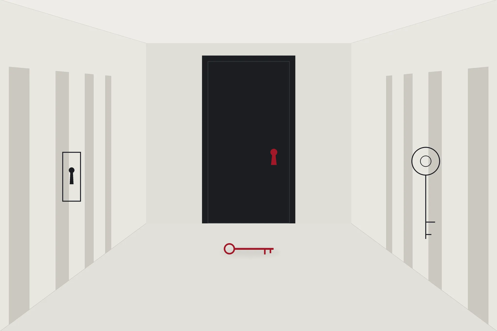 Illustration: a quiet corridor of receding doors; a small red key lies on the floor in front of an oversized dark door with a red keyhole, a narrow keyhole plate on the left wall and the outline of a master key on the right. No people.