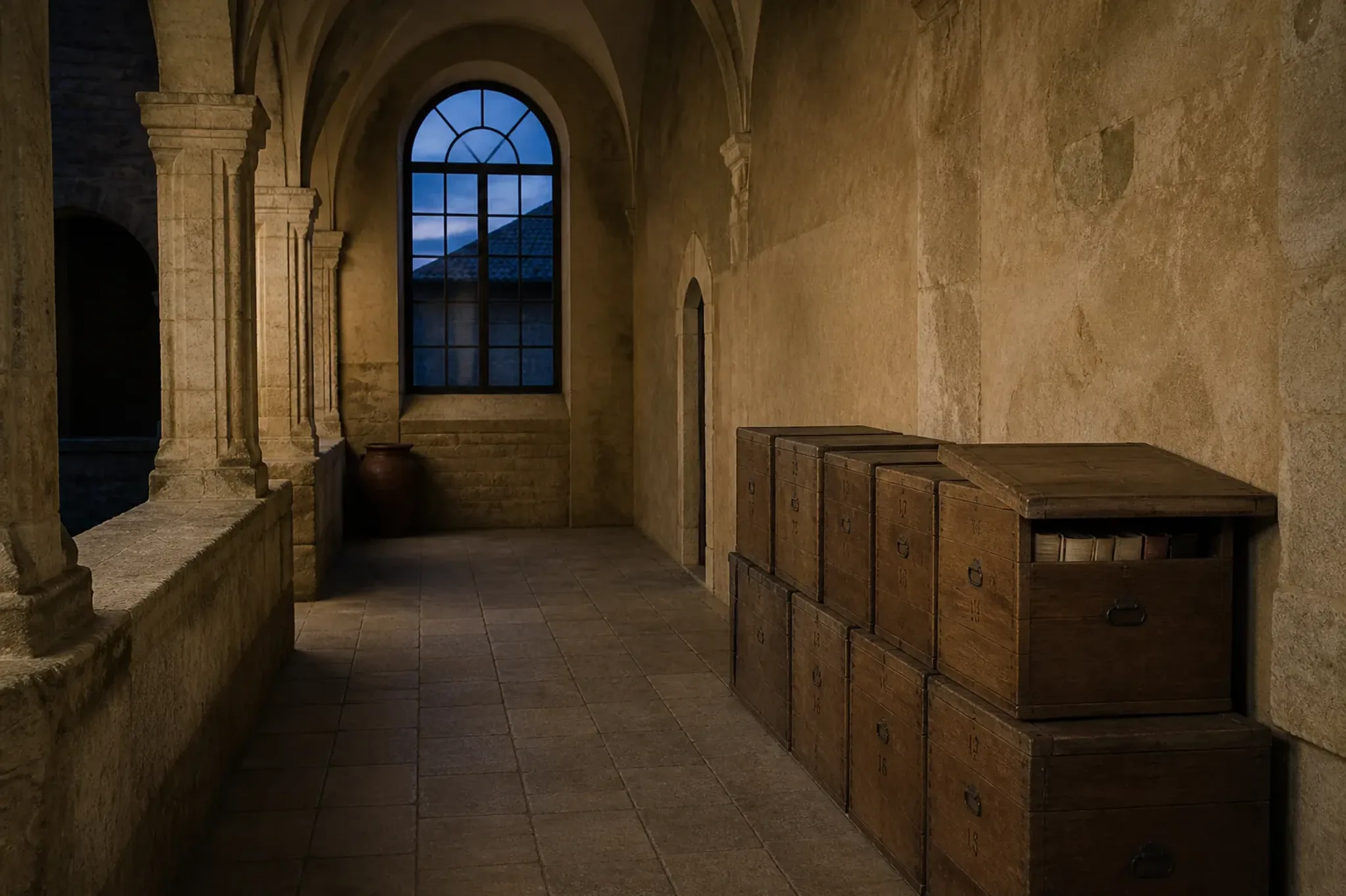 Numbered wooden archive crates in a stone cloister corridor at dusk, one lid open on bound manuscripts, no people