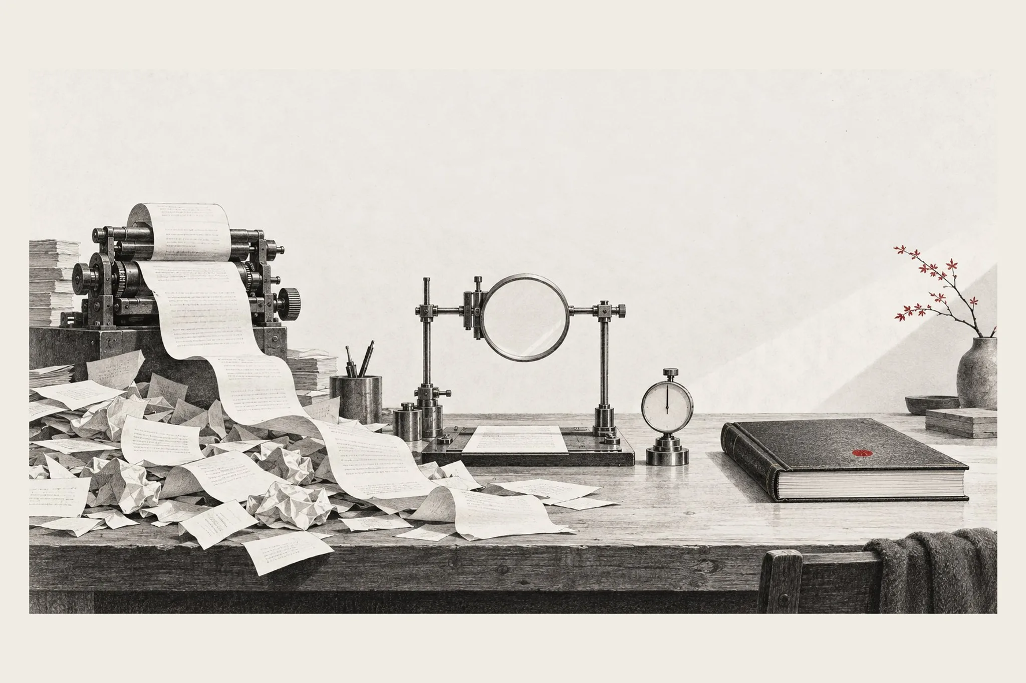 A workbench contrasts a paper machine producing loose drafts, an inspection station, and a finished bound book.