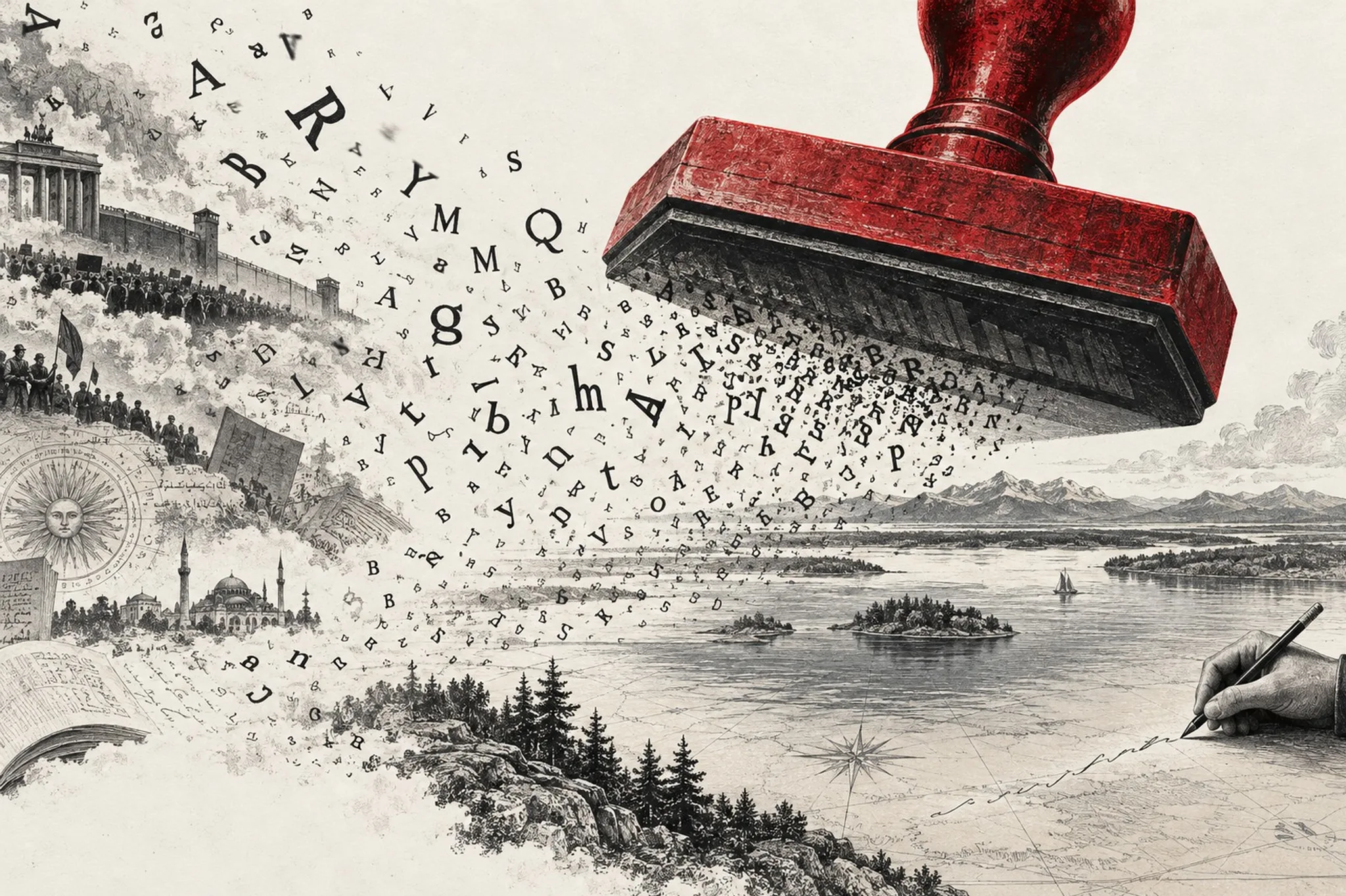 AI-generated editorial illustration: a red official stamp hovers over an engraved black-and-white lake as letters scatter from it across the sky. On the left, small vignettes show a city gate, crowds with flags, a sun-faced calendar dial, domed mosques and an open book; at the lower right, a hand with a pen draws on a map. The letters and markings are illegible pseudo-lettering.