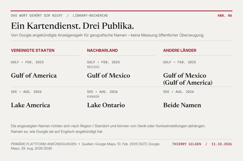 Schema, wie Google für den Golf von Mexiko und den Ontariosee je nach Region der Nutzer unterschiedliche Namen angekündigt hat.