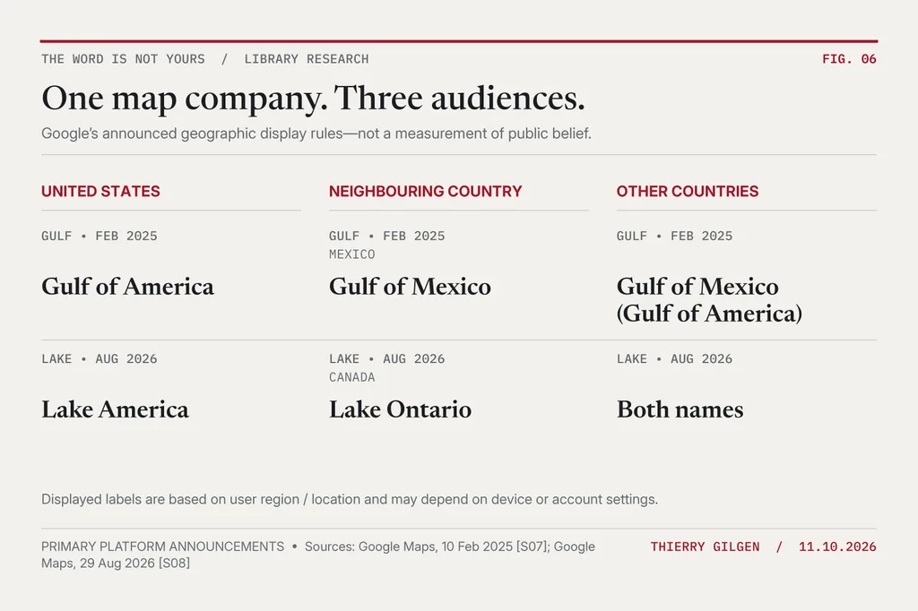 Schematic showing how Google announced different geographical labels for the Gulf of Mexico and Lake Ontario according to the viewer’s region.
