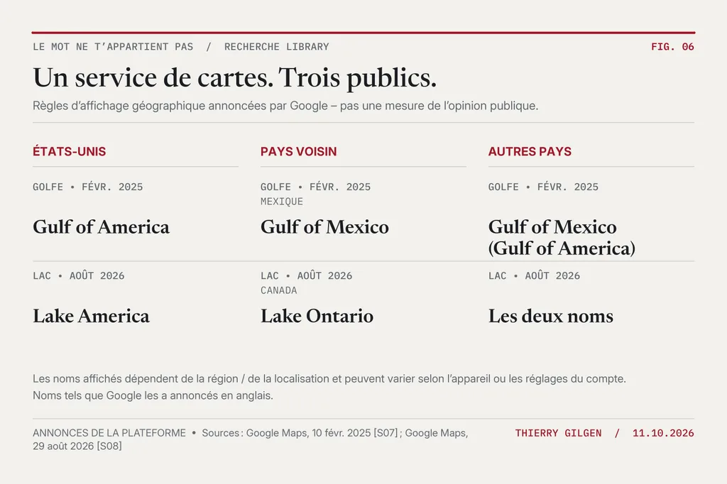 Schéma montrant comment Google a annoncé des noms différents pour le golfe du Mexique et le lac Ontario selon la région de l’utilisateur.