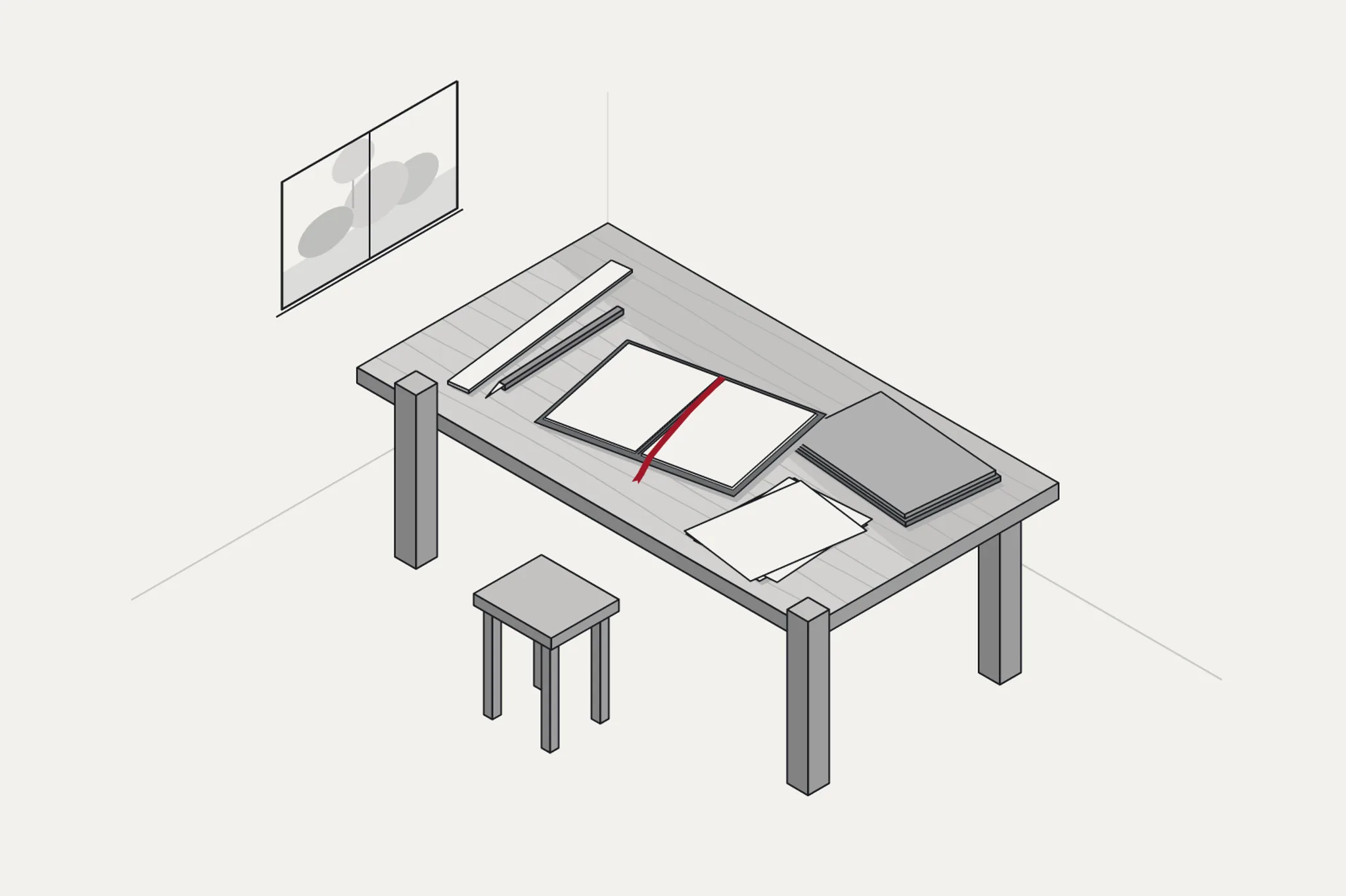 An open notebook on a quiet wooden workbench, with simple tools and an empty place for the next builder.