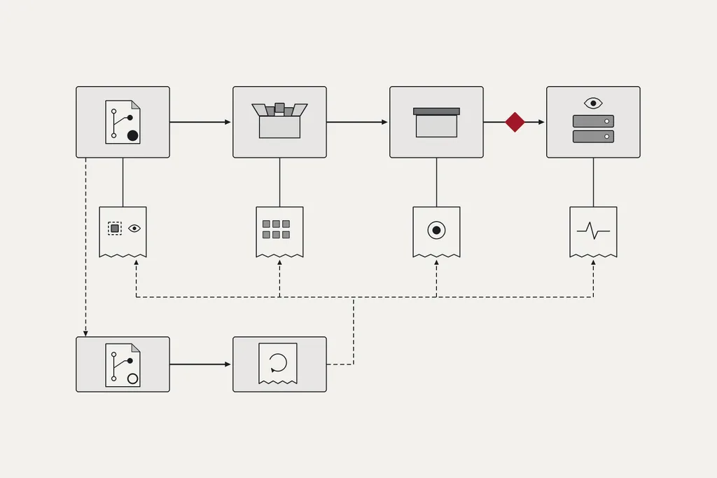 A source candidate becomes packaged inputs, an immutable artifact, and an observed deployment, with a different evidence record at each stage. Changing the candidate requires reconsidering affected evidence, and deployment has a separate authorisation gate.