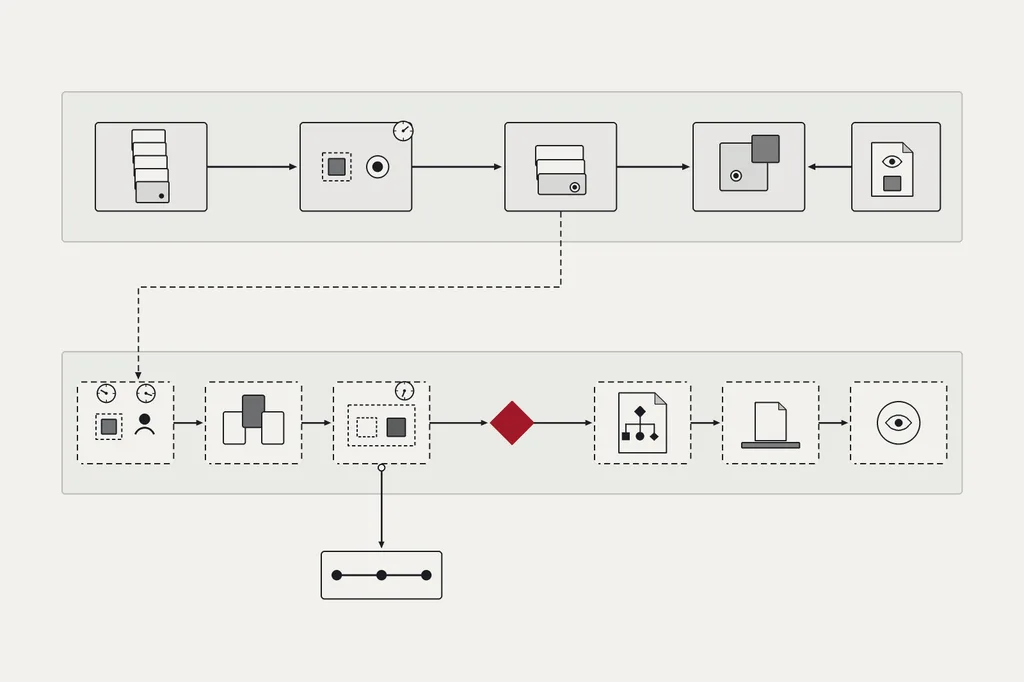 An upper lane refreshes model metadata. A separate lower lane reviews facts and account access, evaluates a candidate, and deliberately changes a route before installation and fresh-session checks. Evaluation can retain the existing route.