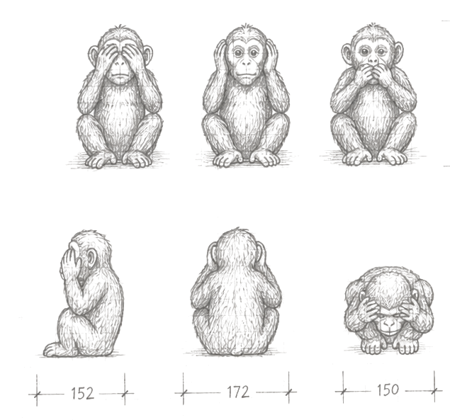 Graphite study of the three wise monkeys — see, hear, and speak no evil — as quiet observers.