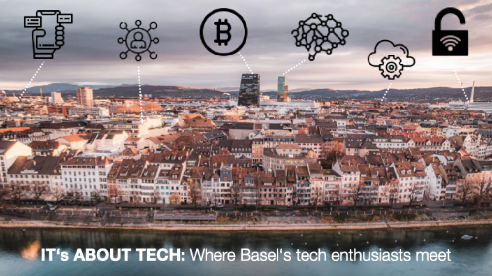 Veranstaltungsgrafik von It's About Tech vor der Basler Skyline