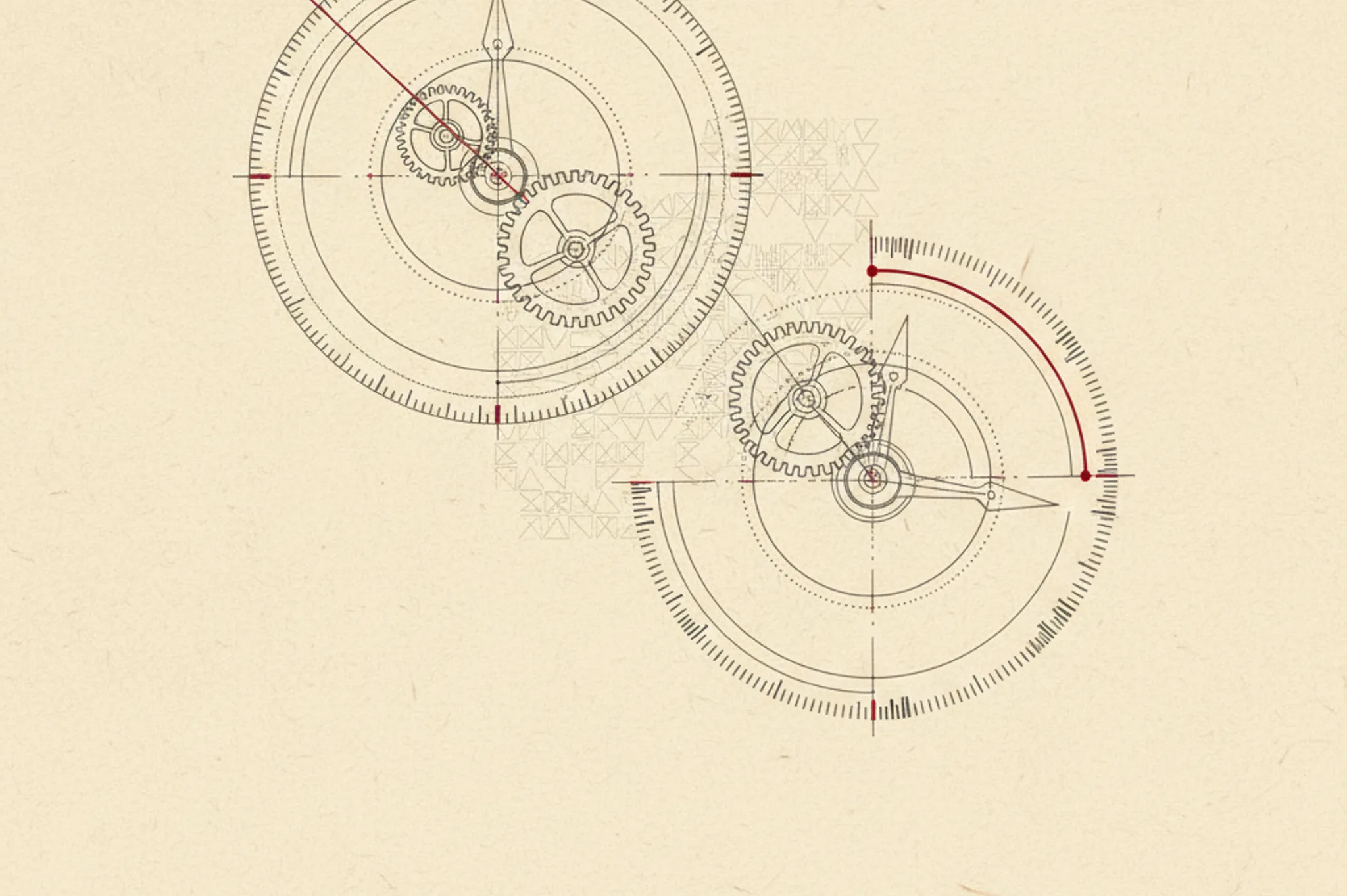 Quiet archival composition of two overlapping mechanical clock mechanisms at different phases on tactile paper, with graphite geometry and restrained signal-red accents suggesting a statistical pattern becoming visible