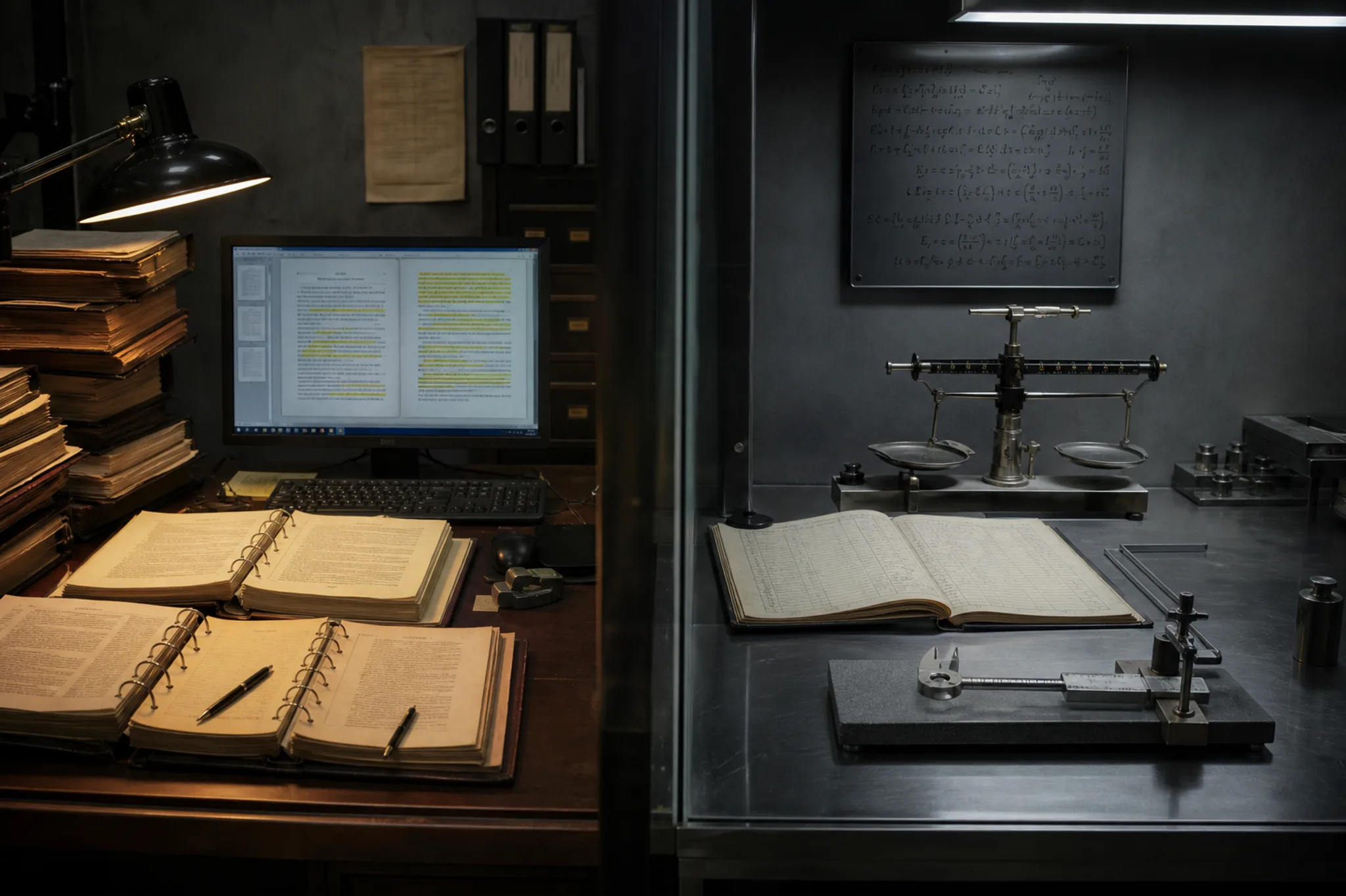 Abstract editorial split scene: warm research desk with binders and highlighted source passages flowing into a cool deterministic rules bench with balance scale, ledger and inspectable formula board