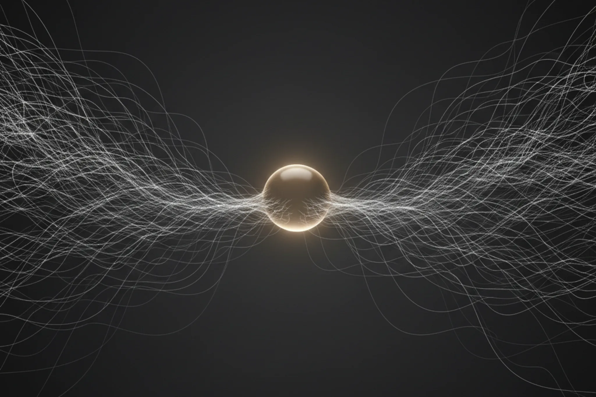 Dark field of thin luminous white network lines converging toward a smooth glowing sphere at the center, connections fading near the core, muted monochrome with subtle warm gold highlights