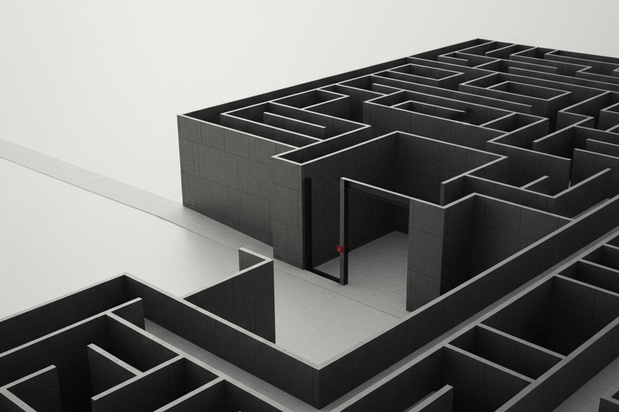 Slightly elevated view of a precise graphite-concrete and blackened-steel architectural labyrinth converging toward a central structure, with one subtle open path leading toward a pale daylight horizon