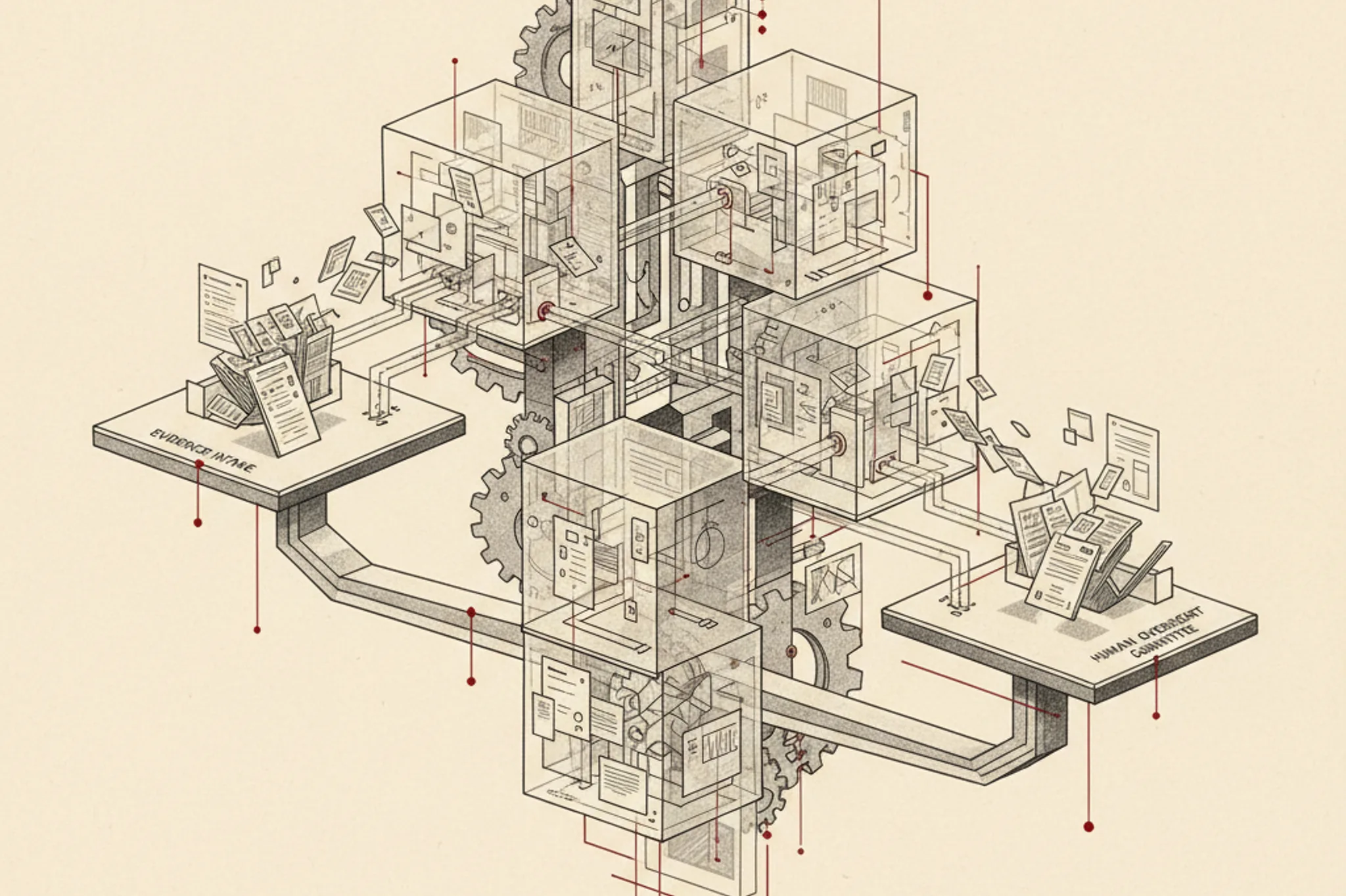 Abstract editorial architecture of interconnected graphite chambers with transparent pathways, evidence fragments and subtle balance-scale geometry on warm paper, with restrained signal-red accents