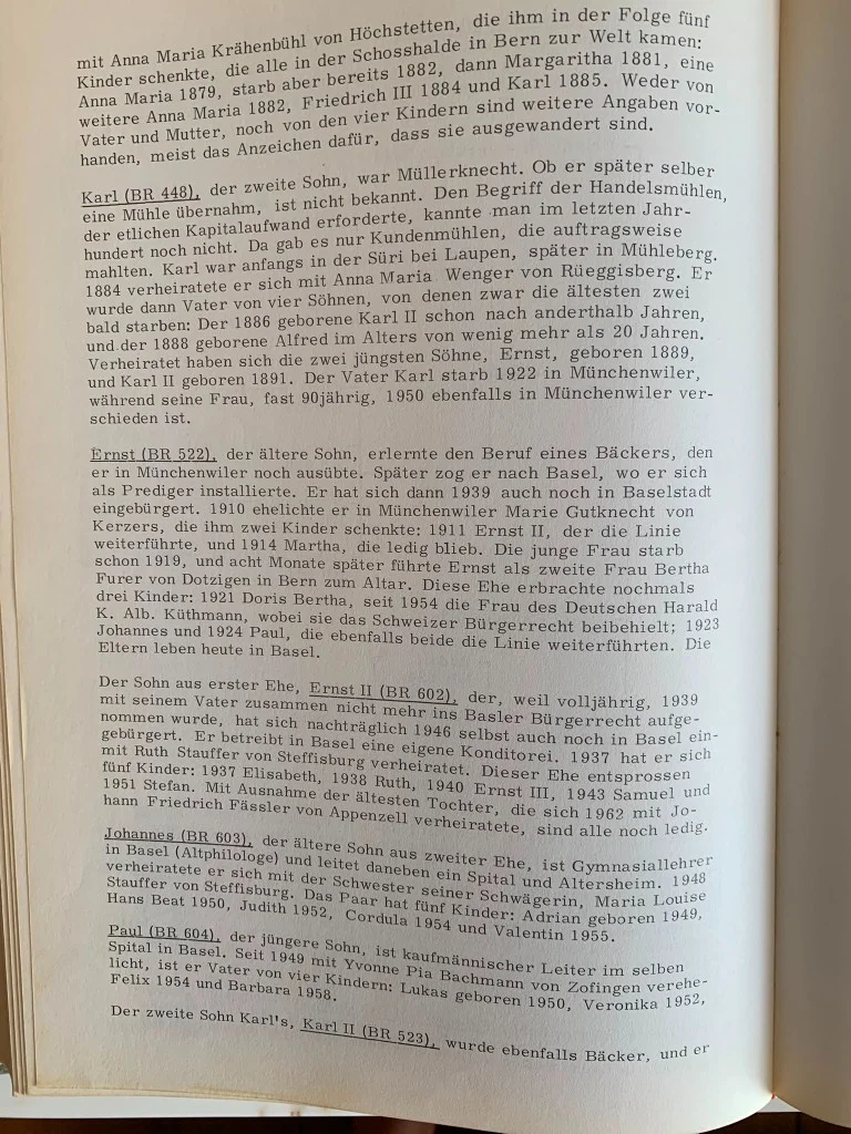 Genealogical page from the book showing the entry for Johannes Gilgen (BR 603), his marriage to Maria Louise Stauffer, and their five children.