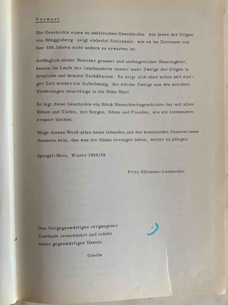 Foreword page titled Vorwort, signed Fritz Allimann-Laubscher, Spiegel-Bern, winter 1968/69, with a Goethe quotation.
