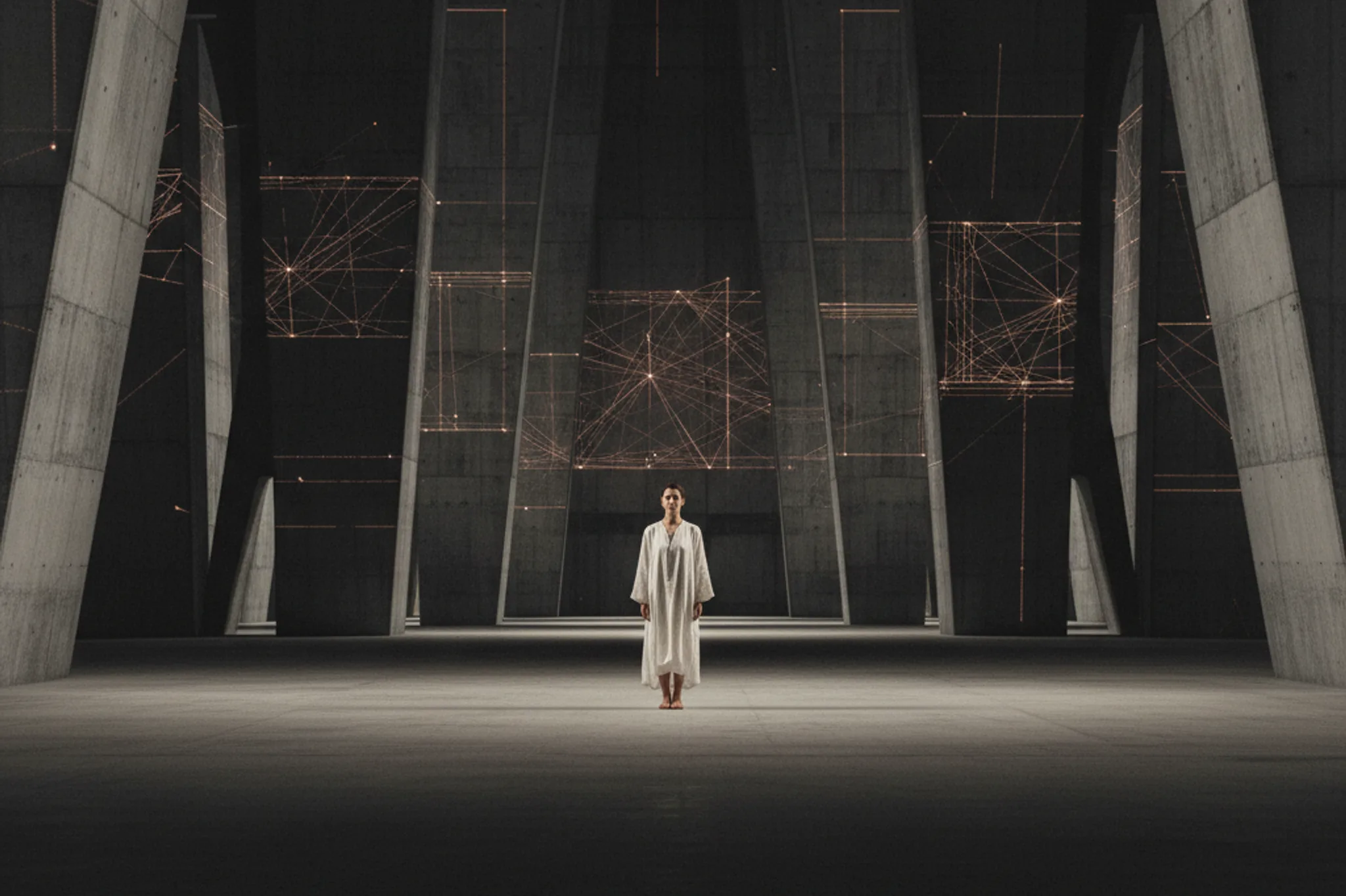 Solitary human figure standing calmly in a vast dark architectural space, with faint geometric networks of light suggesting machine intelligence at infrastructure scale