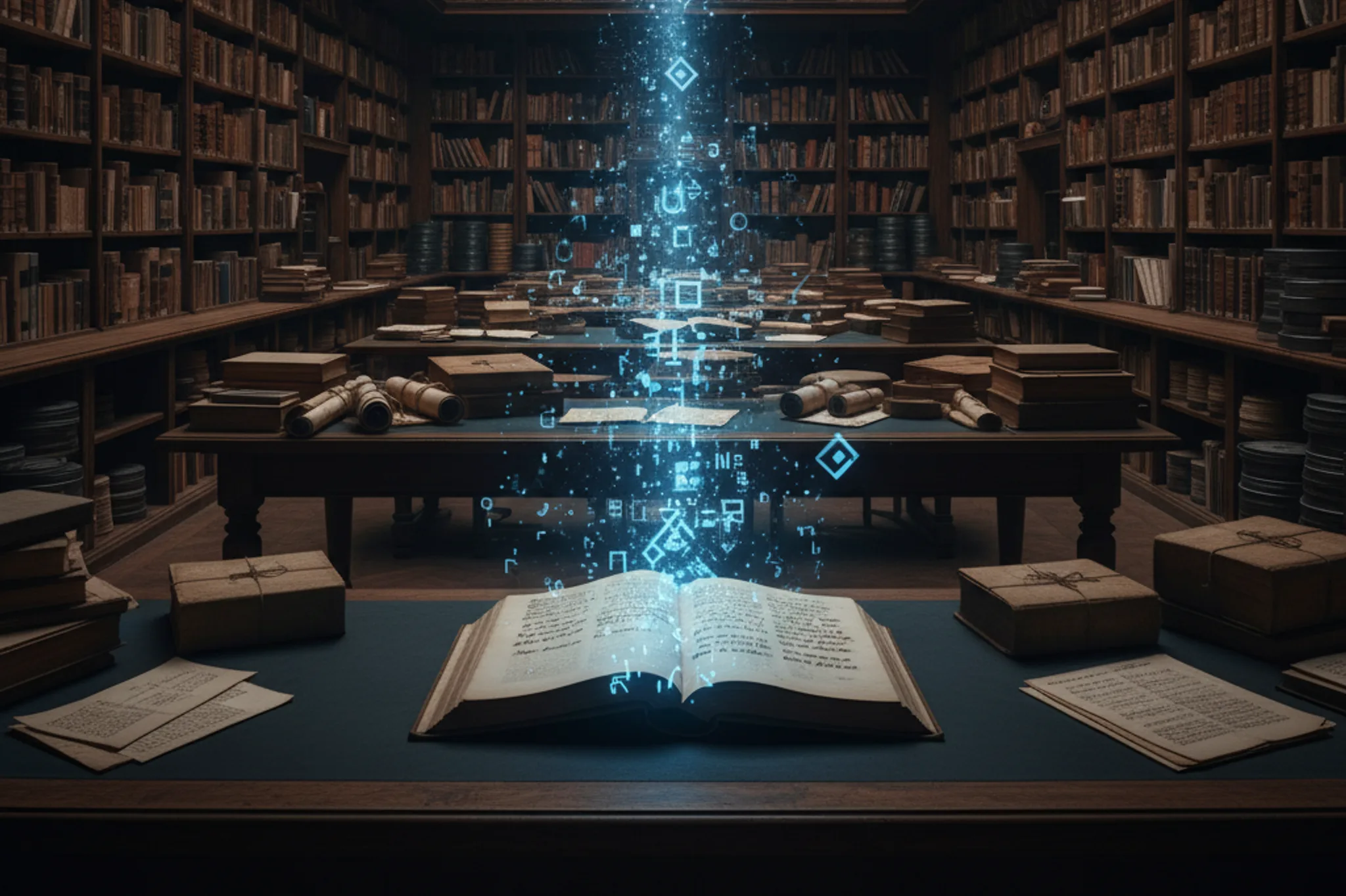 Vast dark European archive with ageing books and film reels; an open volume in the foreground under a precise cold scanning beam as printed text dissolves into abstract data
