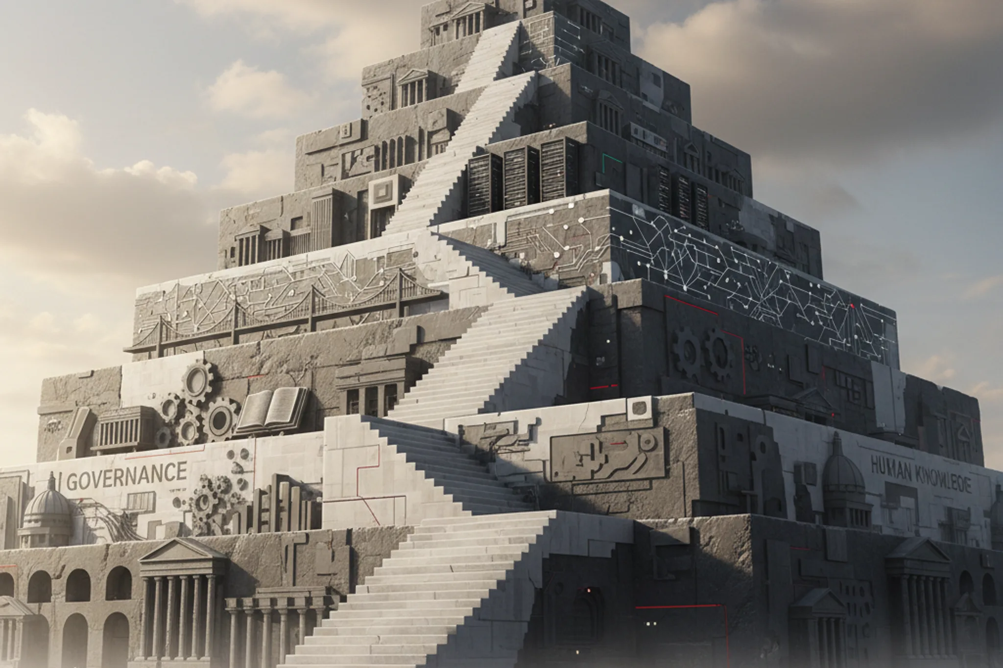 Ground-up view of a massive stepped stone pyramid rising into morning mist, topped by a single small luminous white cube, in muted paper-white, graphite and basalt tones with subtle red accents
